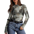 Women's Semi High Neck Sheer Long Sleeve TShirt Sexy Y2K Mesh Top