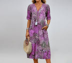 Summer V-neck Half-sleeved Dress With Pockets Fashion Ethnic Print Dresses Beach Holiday Clothing For Women