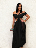 Solid-color Tube Top Hollow-out Sheer Mesh Long Dress For Women