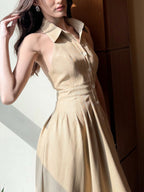 Commuter Single-breasted Backless Solid Color Shirt Dress