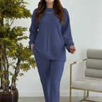 Women's Fashion Casual Solid-Color Crew-Neck Top And Pants Two-Piece Set