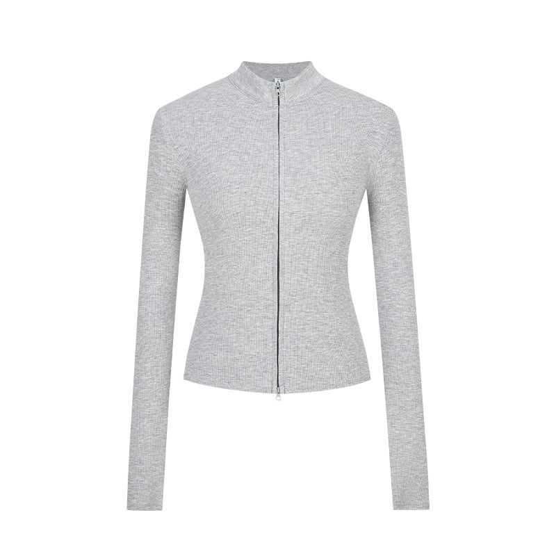 Stand-up Collar Slim-fit Waist-cinching Cardigan Top