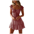 New Splicing Ruffled Floral Skirt Short-sleeved Printed U-Neck And High-Waisted Dress