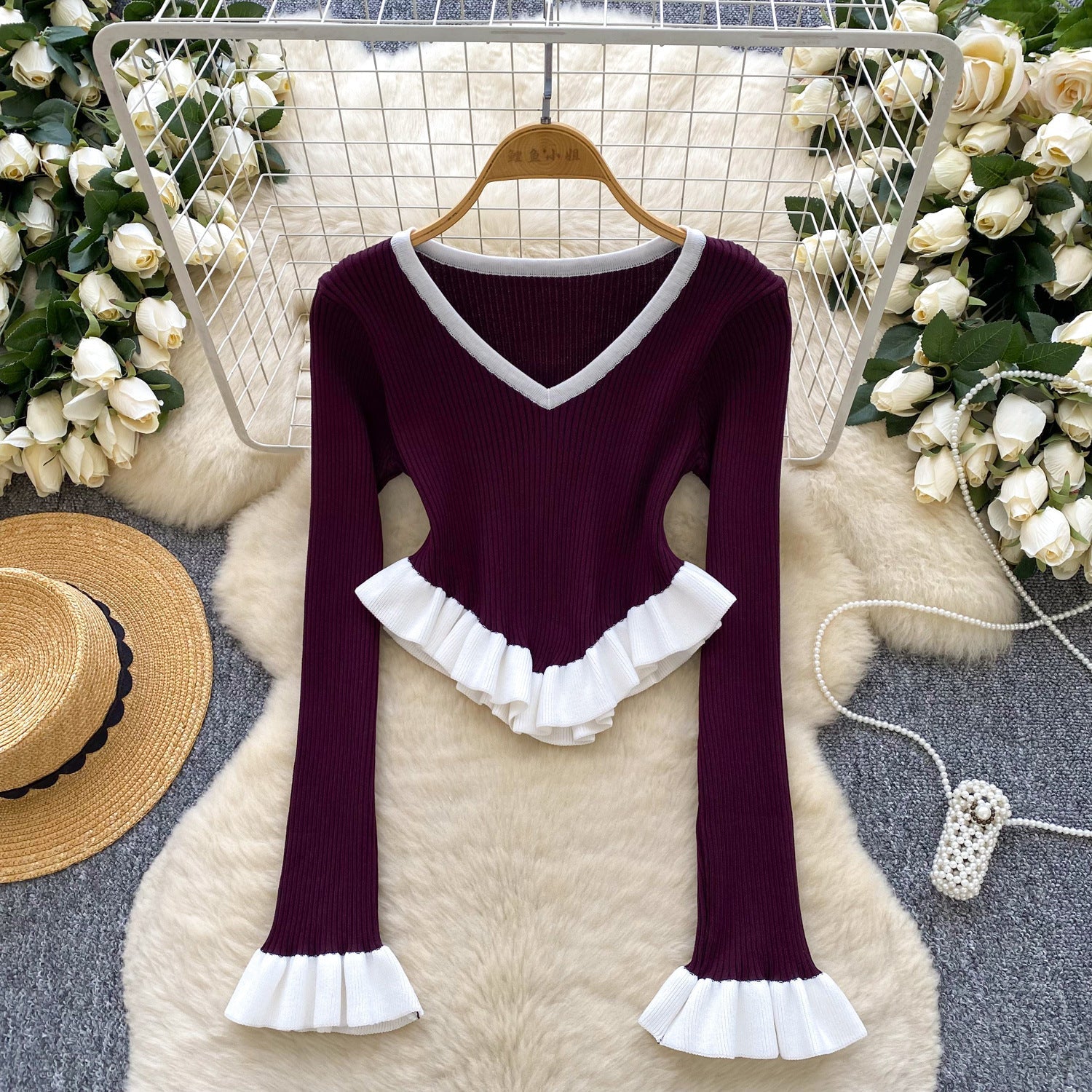 Contrast-color Ruffled Striped Knit Sweater