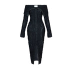 Fashionable and Elegant One line Neck Sexy Wrapped Hip Skirt Design with Wave Pattern Long sleeved Dress