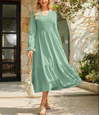 Women's Solid-Color Pleated V-Neck Flowy Casual Dress