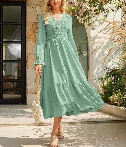 Women's Solid-Color Pleated V-Neck Flowy Casual Dress