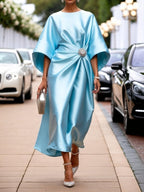 Elegant Commuter Design Sense Satin Long Dress For Women With Pearl Flower Decoration High Waist Irregular Skirt