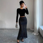 Shimmery Sequin Doublelayer Mesh Highwaist Figurehugging Hipskimming Skirt