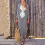 V-neck Loose-fit Cotton-linen Women's Dress