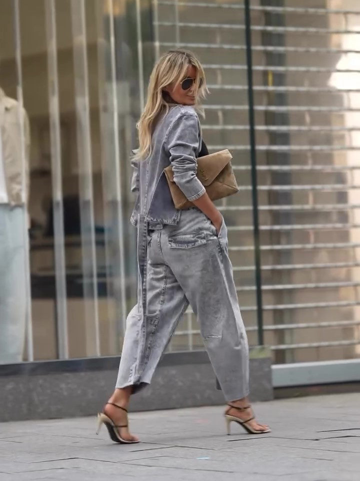 Denim Tie Long Sleeve Top & High Waist Pants Set