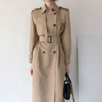 Lapel Double Breasted Nipped Waist Straight Over-the-Knee Mid-Length Trench Coat