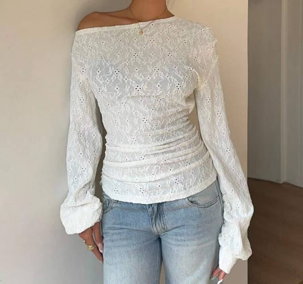 Women's Fashionable Sheer Lace Blouse With Long Sleeves