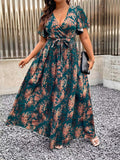 V-Neck Floral Wrap Dress With Flared Sleeves And Side Slit For Women