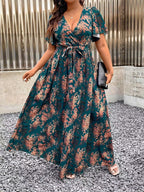 V-Neck Floral Wrap Dress With Flared Sleeves And Side Slit For Women