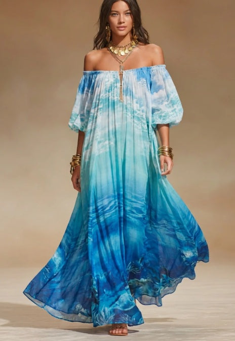 Off-Shoulder Ocean Print Maxi Dress