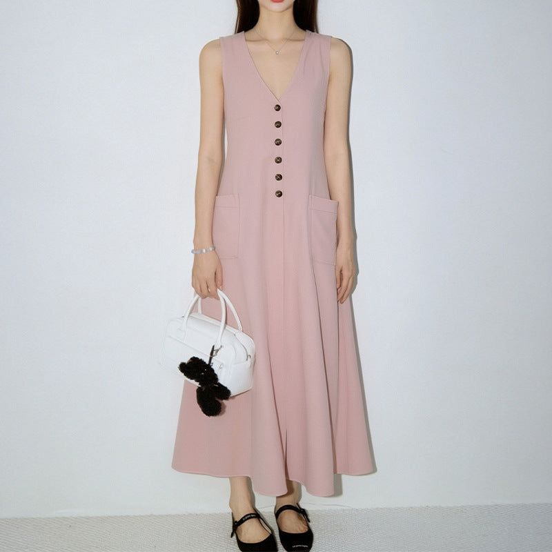 Women's Stylish & Elegant Solid-Color V-Neck Button-Up Dress