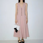 Women's Stylish & Elegant Solid-Color V-Neck Button-Up Dress