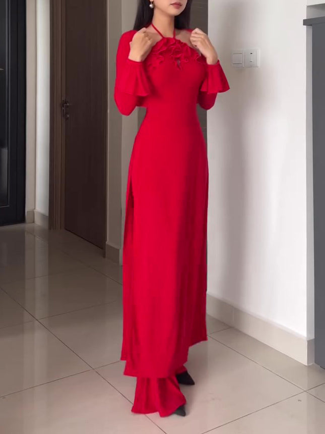 Three-piece Red Ruffled Halterneck Pants Suit