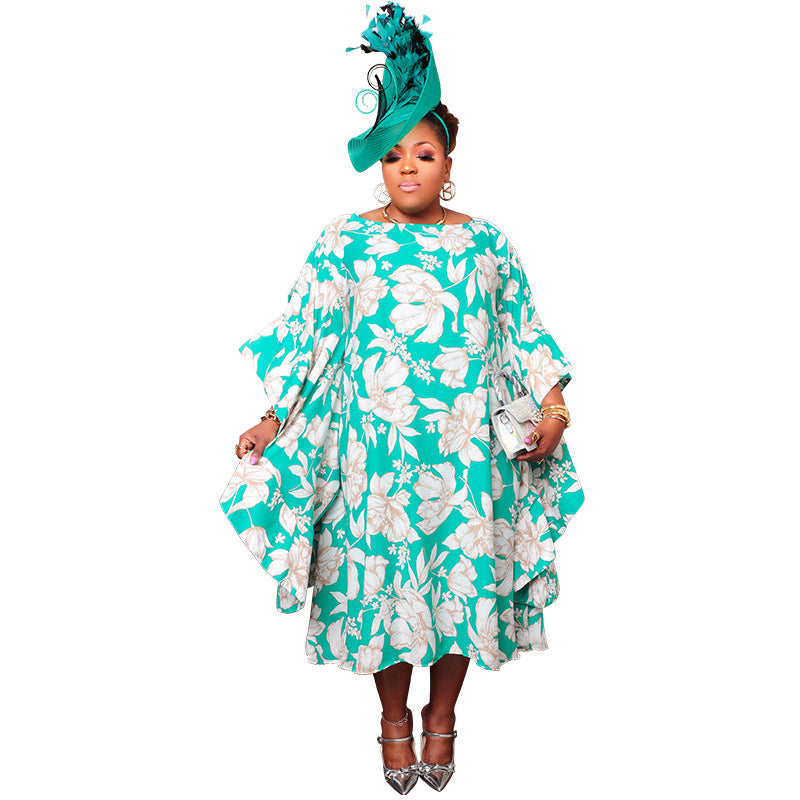 Women's Multi-color Split Skirt With Kimono Sleeves Plus-size Dress