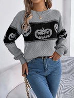Women Pumpkin Head Color Block Long Sleeve Pullover Sweater