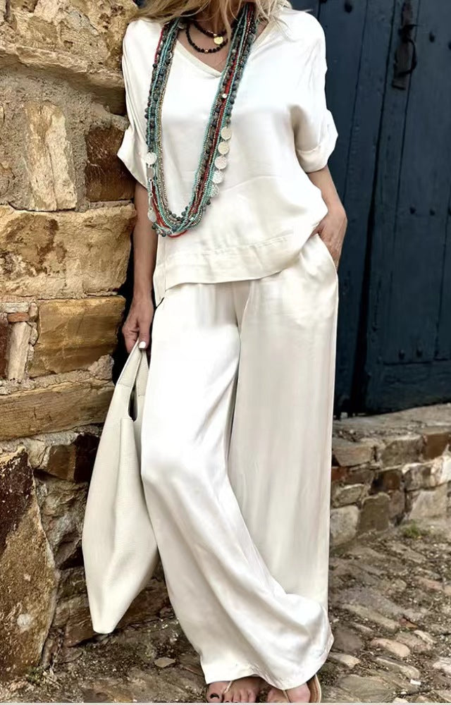 V-neck Top Pocket Pants Fashion Set