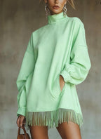 Loose Pocket Tassel Long-Sleeve Suede Dress