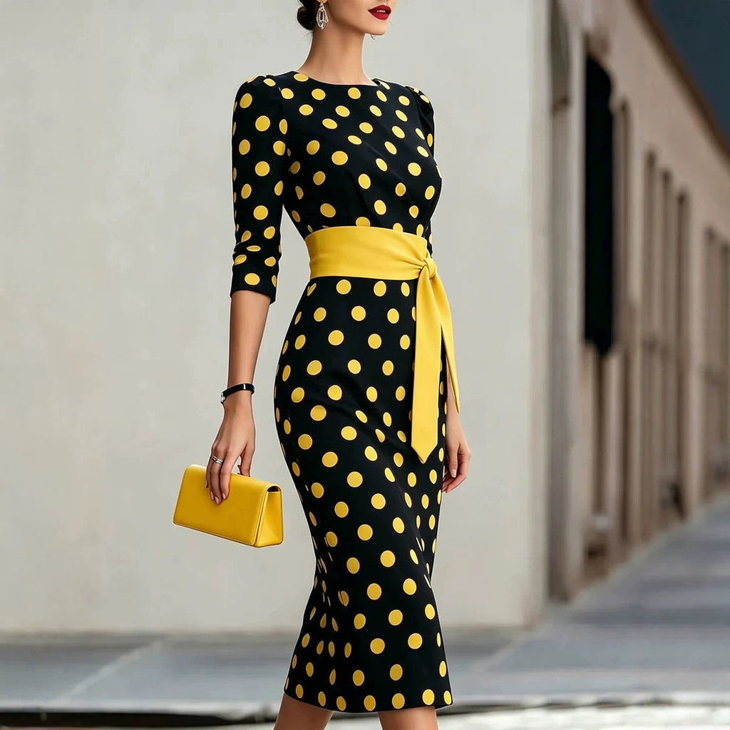 Retro Polka-dot Navy Blue Belted Waist-hugging Elegant Dress