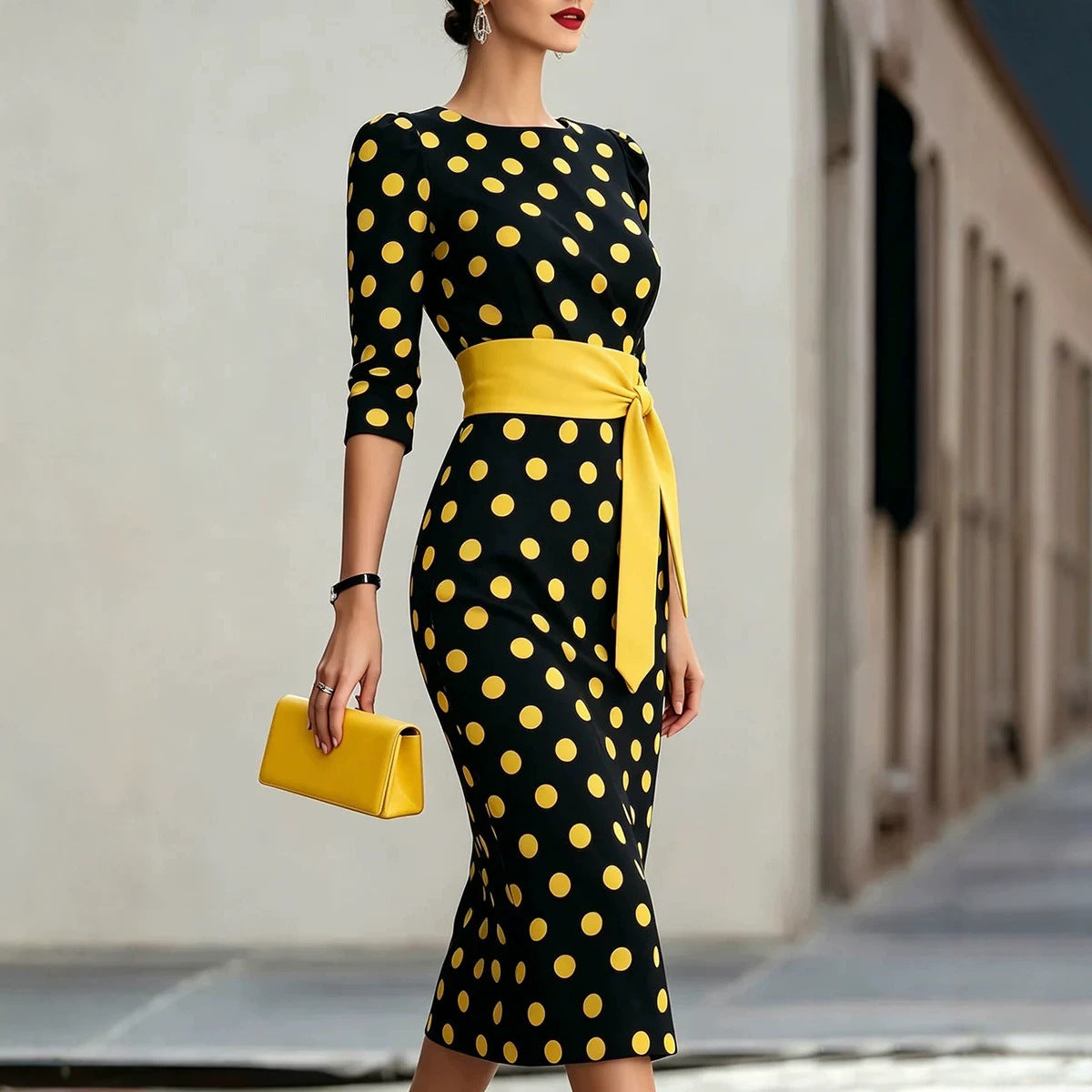Retro Polka-dot Navy Blue Belted Waist-hugging Elegant Dress