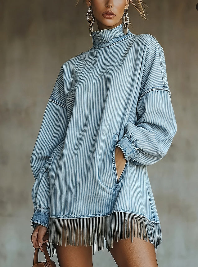 Loose Pocket Tassel Long-Sleeve Suede Dress