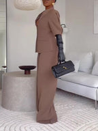 Brown Short-sleeved Blazer & High-waisted Pants Suit