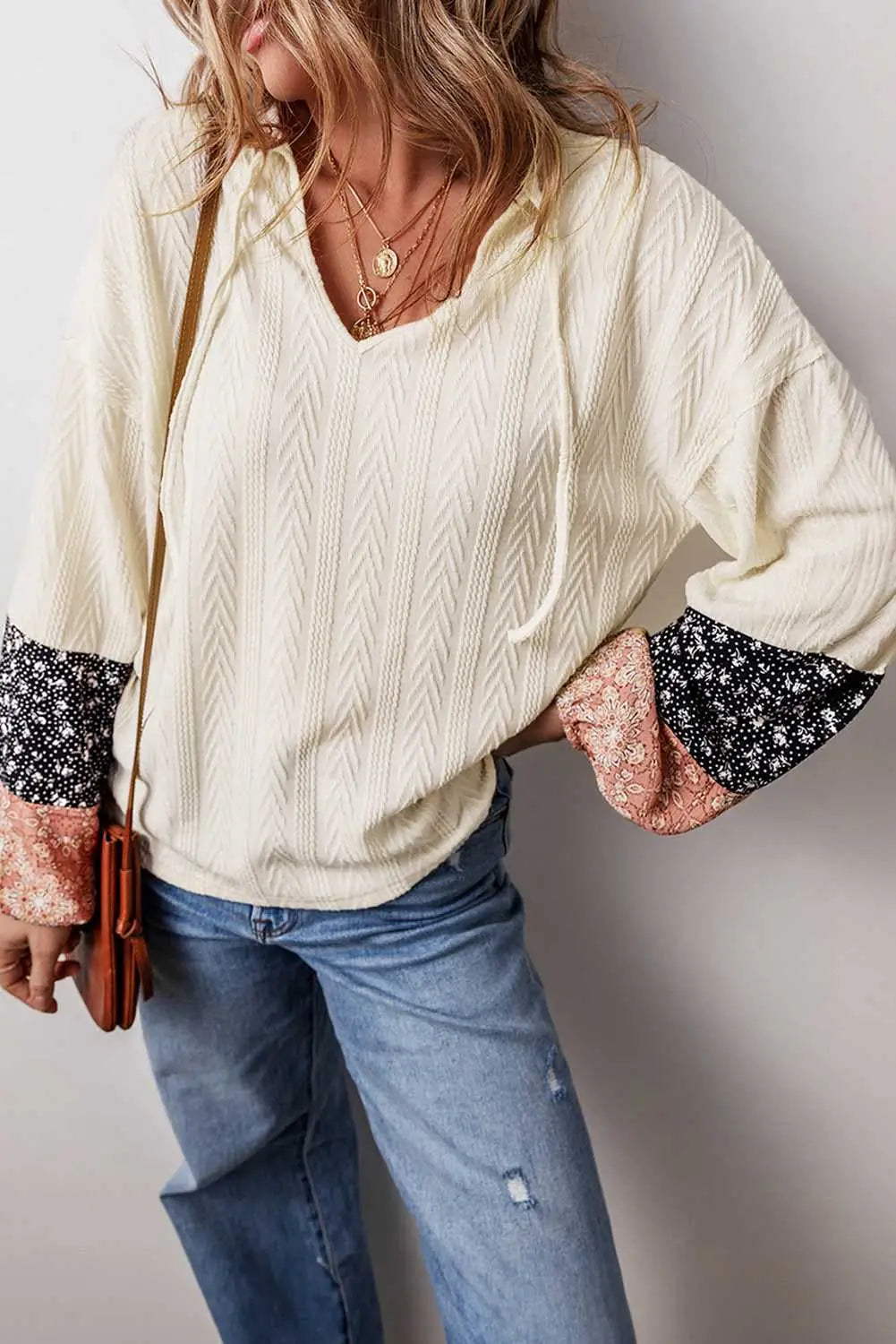 Floral Patchwork V-Neck Lace-Up Knit Blouse Women UK