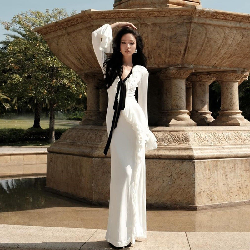 Elegant High-waist V-neck Long-sleeve Split Dress