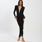 New Sexy Deep-V Pleated Design Elegant Figure-hugging Sheath Dress