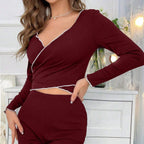 Women's Sexy V-neck Long-sleeve Pants With Straps Pajamas
