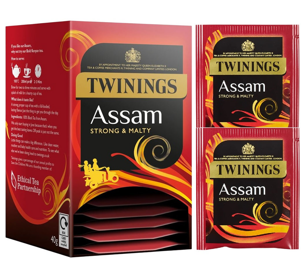 Twinings Assam Strong Black Tea Individually Wrapped Enveloped Bags Sachets Cup