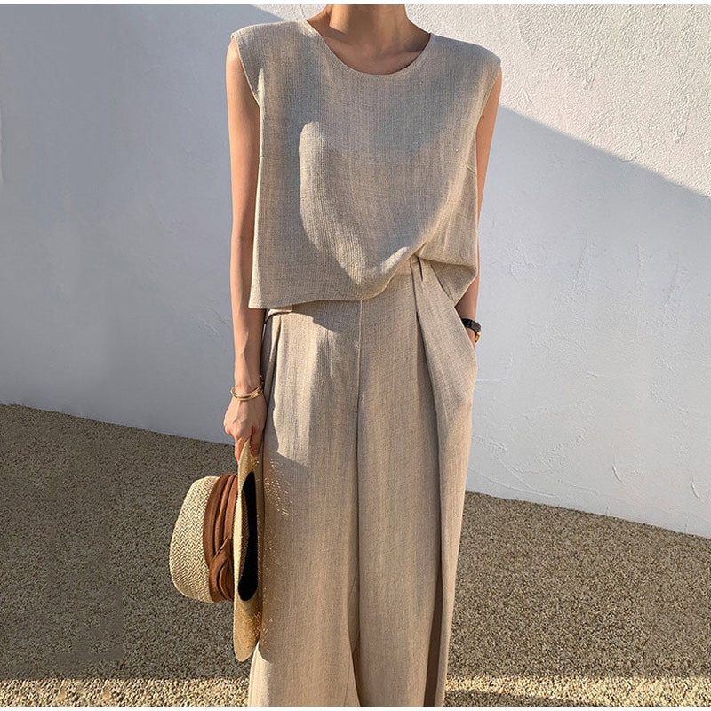 Cotton And Linen Casual Sleeveless Top Wide Leg Pants Two-piece Set