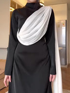 Contrast Color Scarf Waist Long Sleeve Maxi Dress