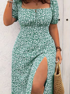 Elegant Plus Size Floral Midi Dress with Tie Waist and Side Slit - Off-Shoulder, Short Sleeve, A-Line Silhouette for Summer, Plus Size