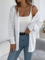 Women Solid Color Hollow Out Lantern Sleeve Long Sleeve Cardigan Sweater Coat
