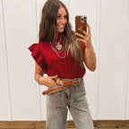 Womens Knitted Turtleneck Ruffle-Trimmed Short-Sleeve Sweater