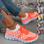 Women's Color block Plaid Fly knit Sneakers – Breathable Lace-Up Mesh Running & Walking Shoes