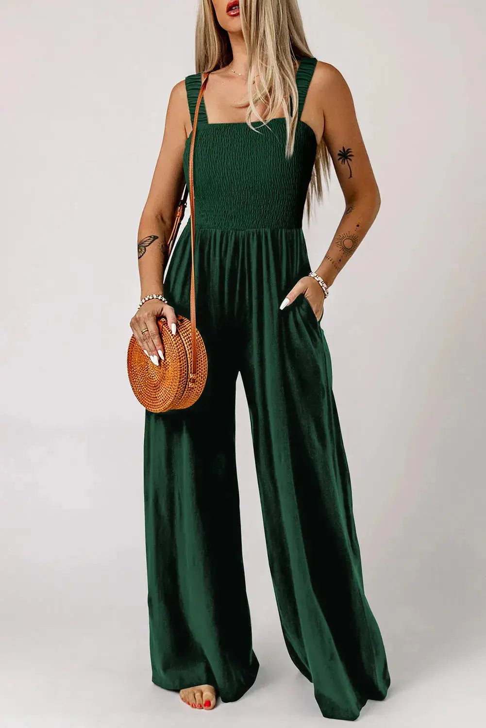 Smocked Square Neck Wide Leg Jumpsuit Women UK