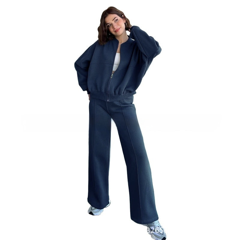 Women's Sports Suits Zipper Jacket And Wide Leg Pants Two-piece Set