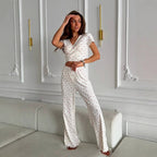 Women's Casual Short-Sleeve Tie-Dye Printed Top And Fashionable Ruffle-Trimmed Pants Set