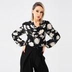 Elegant Ladies Print Front Drop Collar Blouse