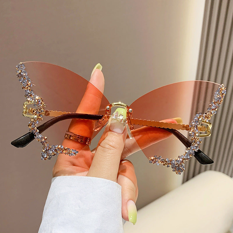 Luxus Diamant Schmetterling Sonnenbrille Damen Marke Y2K Vintage Randlose Oversized Sonnenbrille Damen Brillen Shades