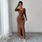 Autumn And Winter Irregular Neckline Solid Color Knitted Texture Long Dress For Women