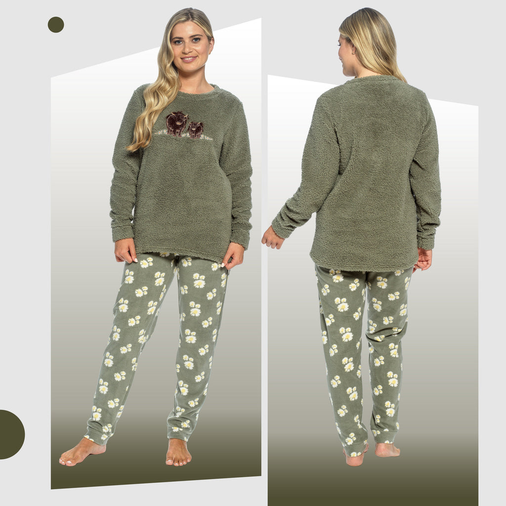 Daisy Dreamer Womens Highland Cow Print Cotton Jersey Pyjama Set Long Sleeve Lounge Wear