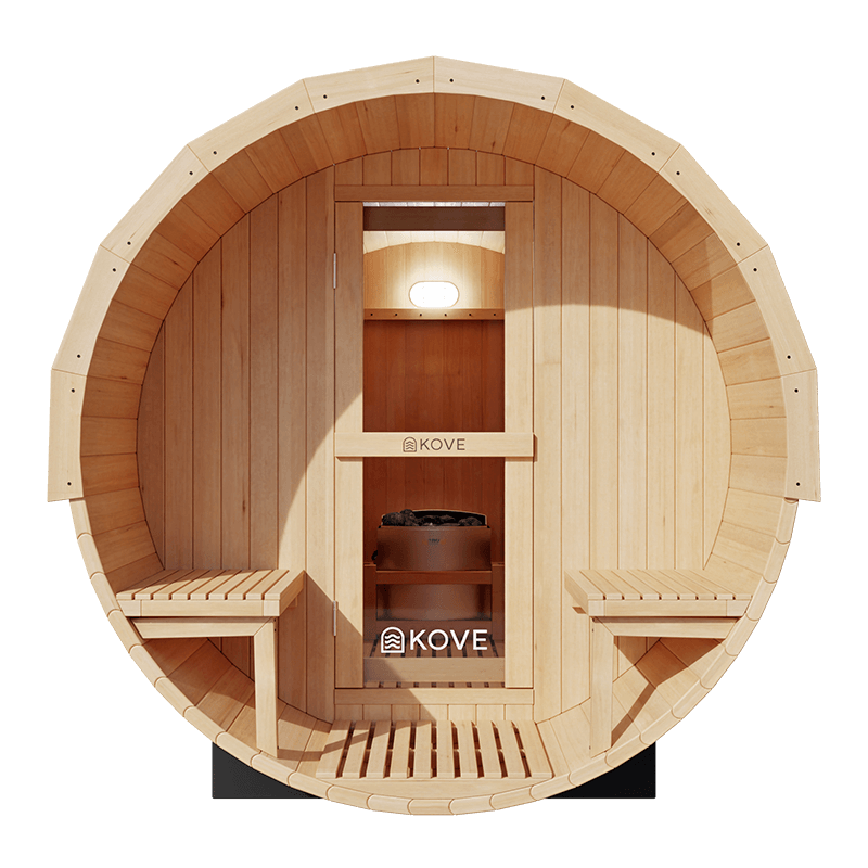 KOVE Outdoor Barrel Sauna – 5–6 Person Garden Sauna with 6kW Harvia Electric Heater